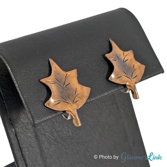 Vintage Stuart NYE Sterling and Copper Leaf Screw Back Earrings - Picture 2 of 6